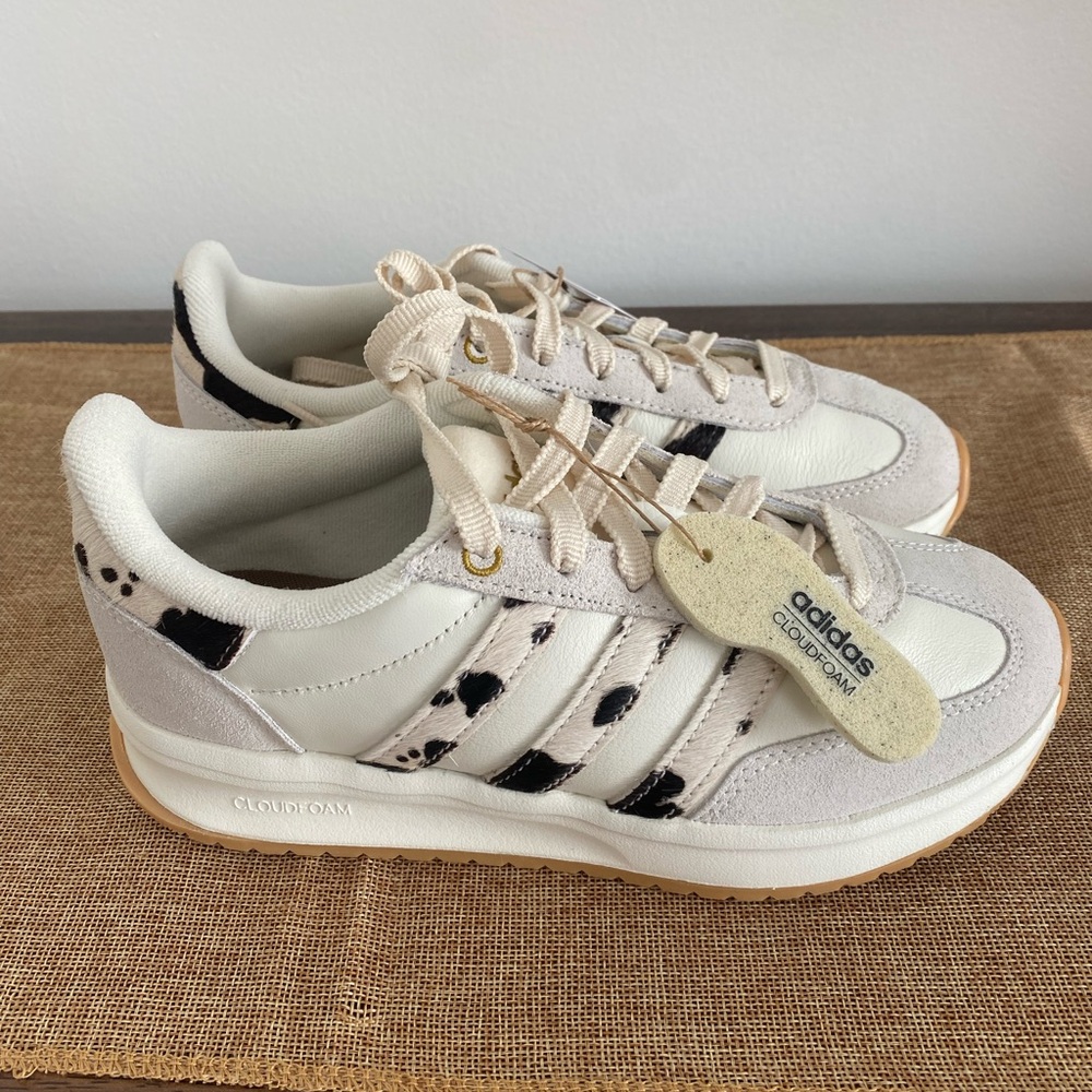 Adidas Run 70 2.0 White, Black & Tan Cow-Print Cloudfoam Trainers